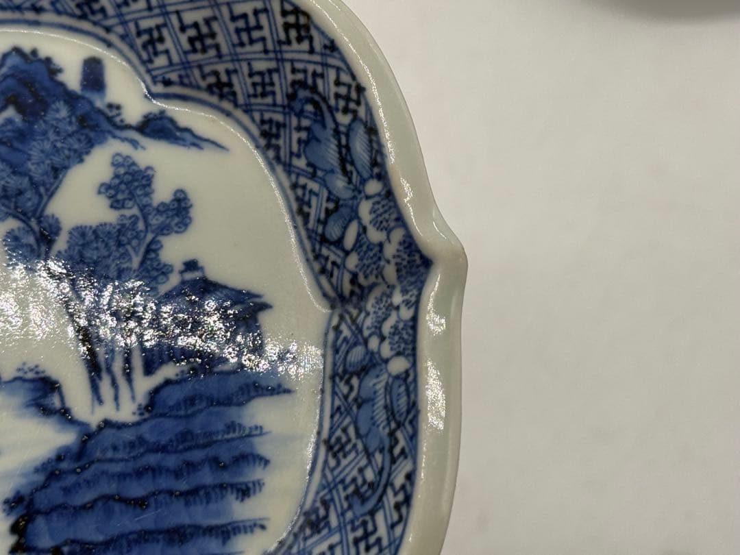 中国　染付　山水人物紋　菱型皿5点　玉玩製　送料込み251112