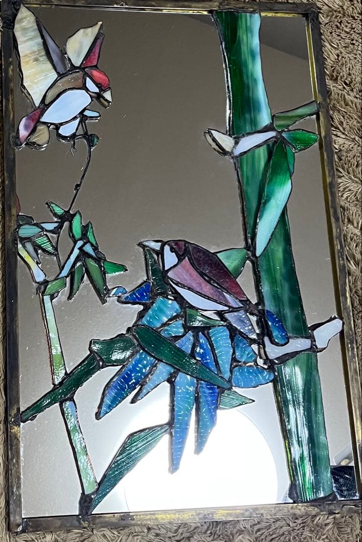 ハンダステンドグラス工芸『竹と雀』鏡