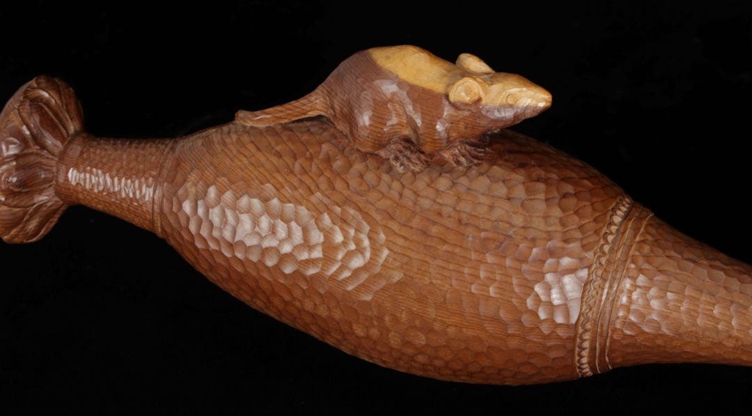 永冨一伸 在銘 木彫 開眼福子 干支 鼠 水瓶 曲玉 一刀彫 置物 共箱 縁起物