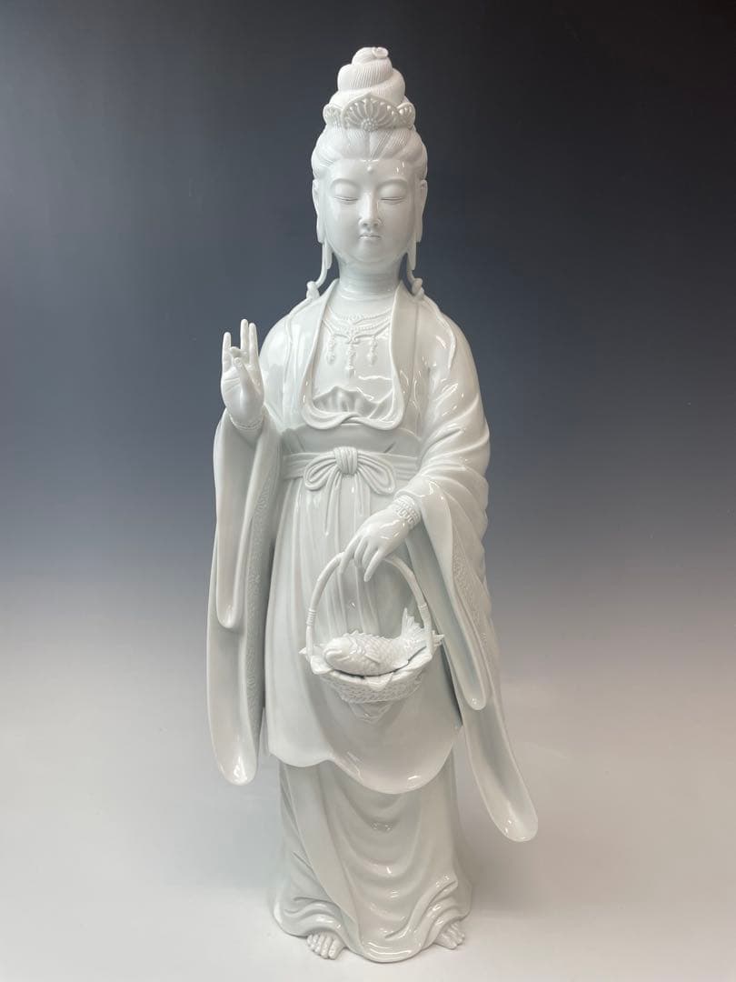 優美　樋渡陶六作　白磁魚藍観世音菩薩像　高さ52cm 好状態　本物保証