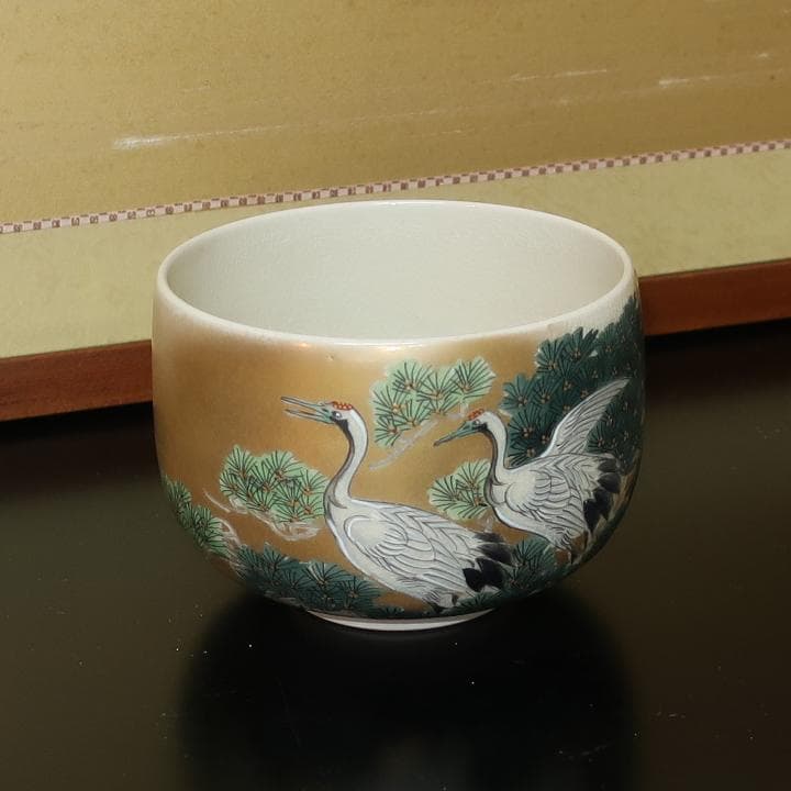 茶道具　豪華絢爛　九谷焼　抹茶茶碗　本金双鶴　龍山作
