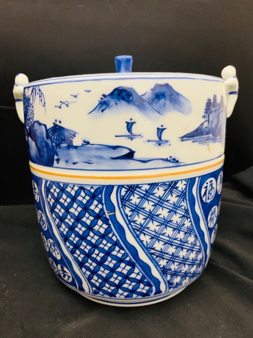 桃山窯　橋本喜泉　染付二宋神　唐子　水指　茶道具　栞黄布共箱付き