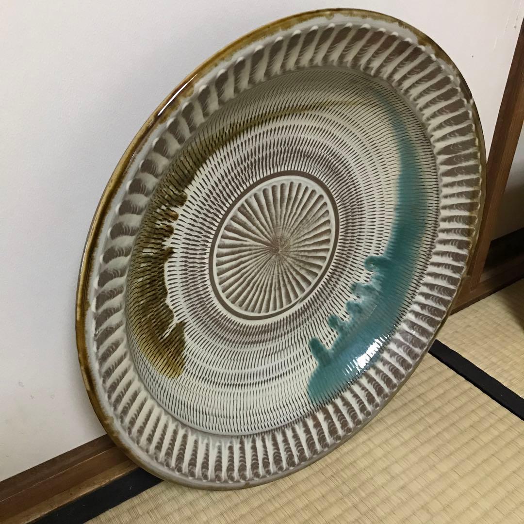 小石原焼の特大皿　陶器　飛び鉋　径約49㎝